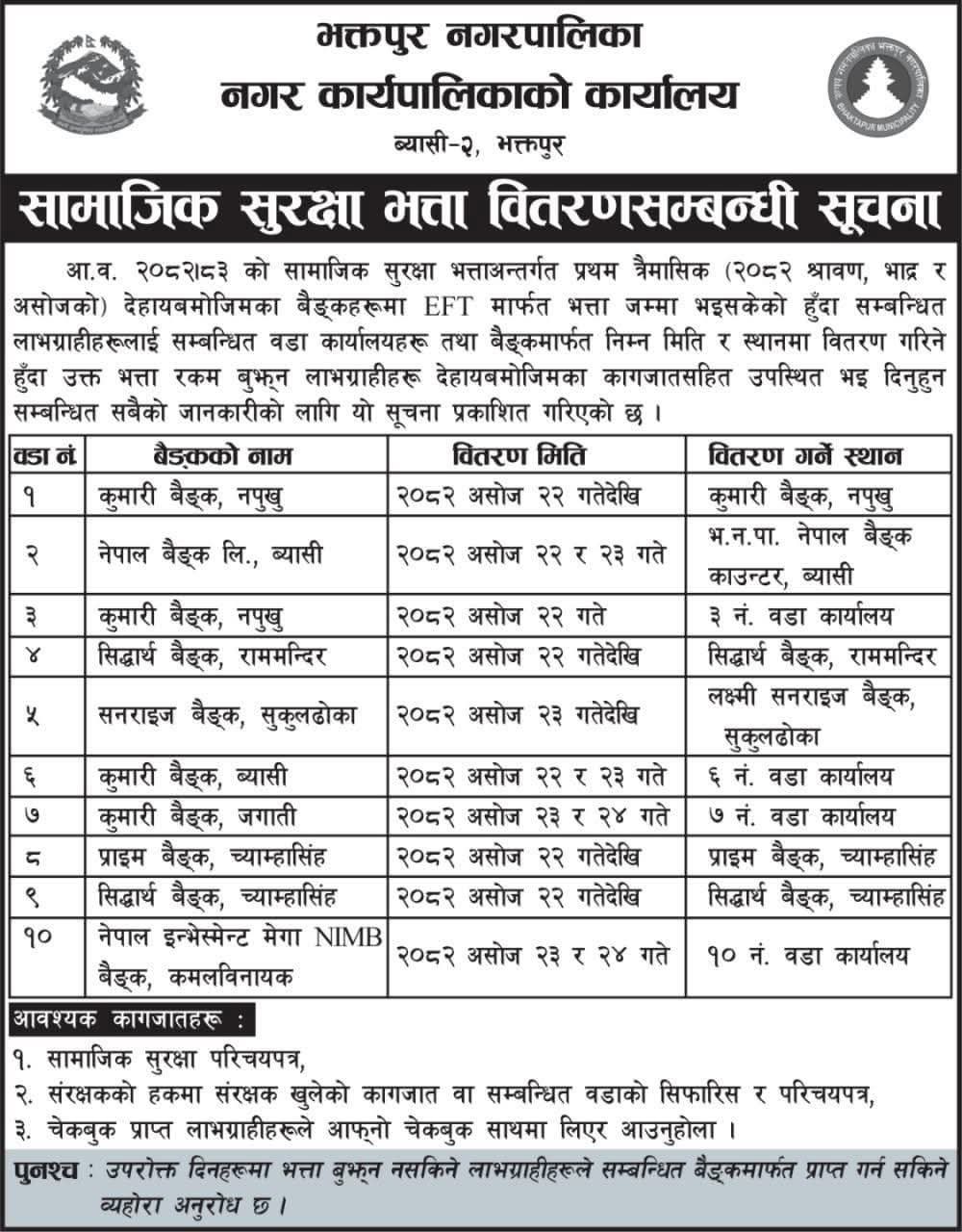 भक्तपुरमा आजदेखि बृद्ध भता वितरण हुने 