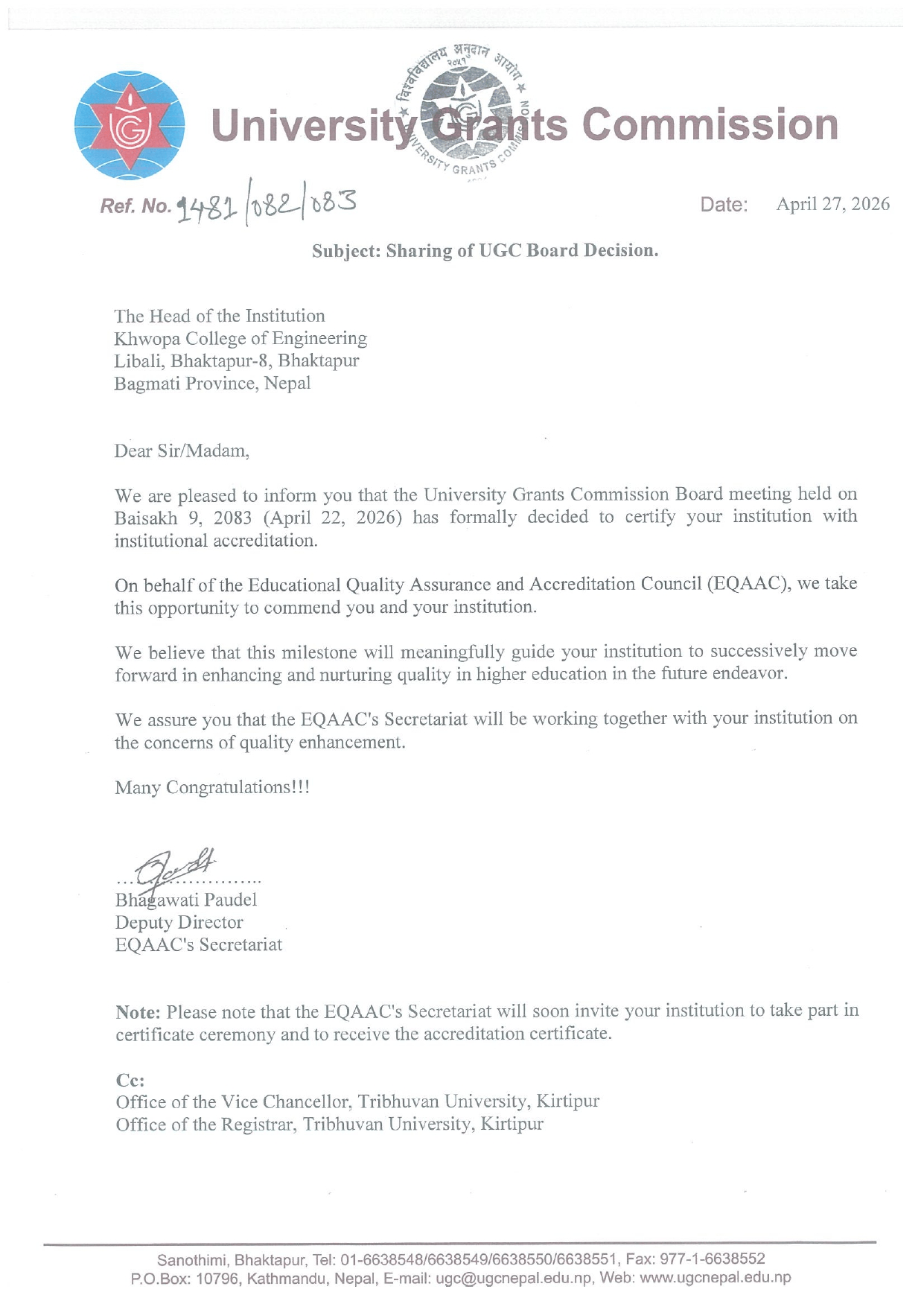Khwopa College of Engineering Achieves UGC Institutional Accreditation