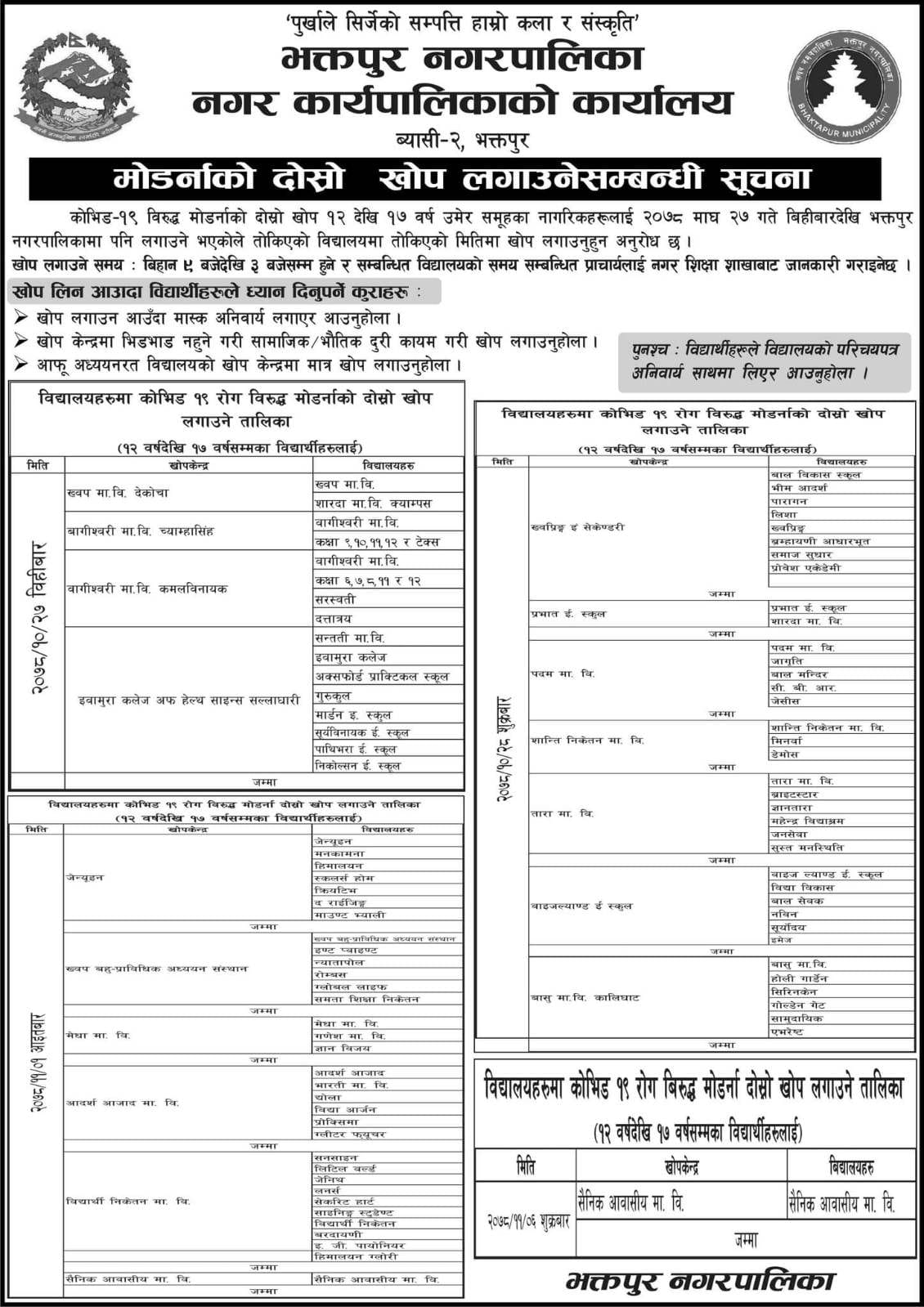 आजदेखि भक्तपुरमा मोर्डना खोपको दोश्रो मात्रा (तालिकासहित)