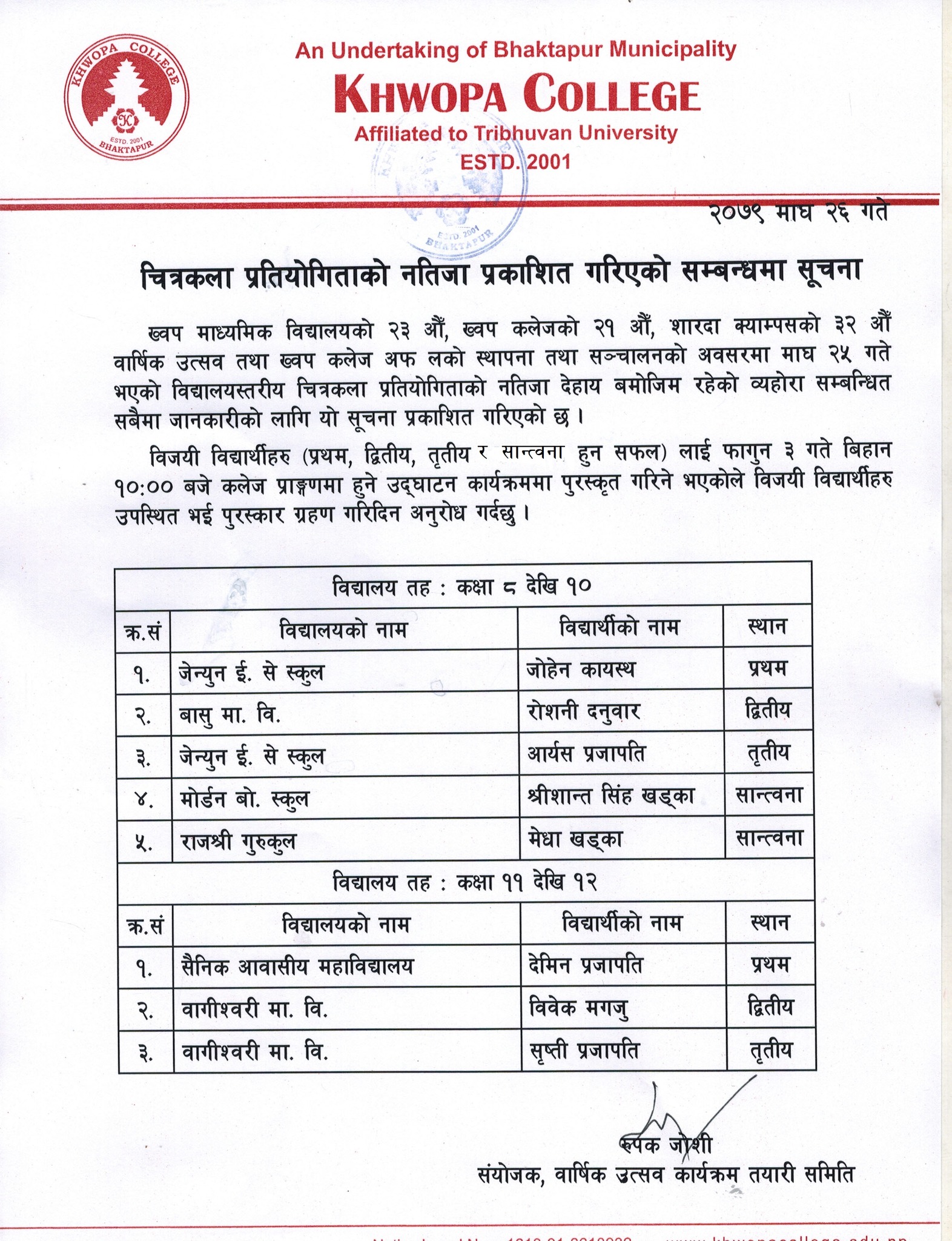 ख्वपको वार्षिकोत्सव ः चित्रकलामा जेन्युइन र सैनिक प्रथम ( सम्पूर्ण रिजल्टसहित)