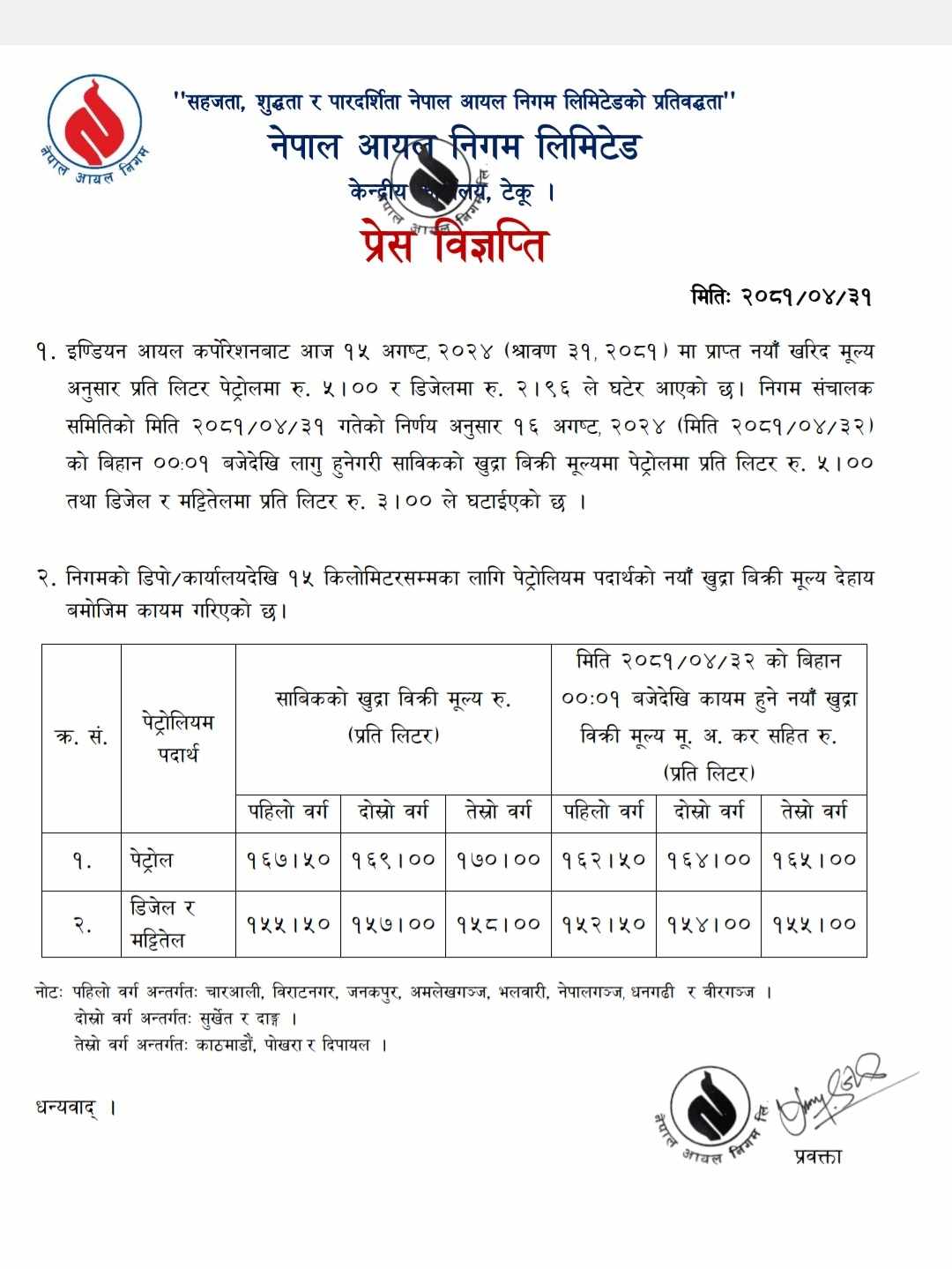 घटयो पेटोलियम पदार्थको मूल्य