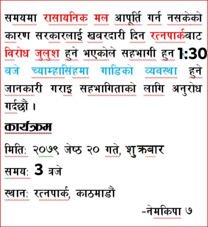 भोलि मलको माग गर्दै काठमाडौंमा जुलुश