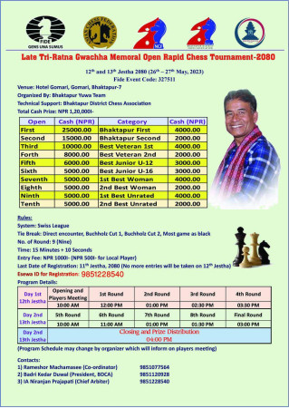 भोलिदेखि भक्तपुरमा खुला रापिड बुद्धिचाल प्रतियोगिता ः सातदेखि ८२ वर्षसम्मका खेलाडी प्रतिस्पर्धी